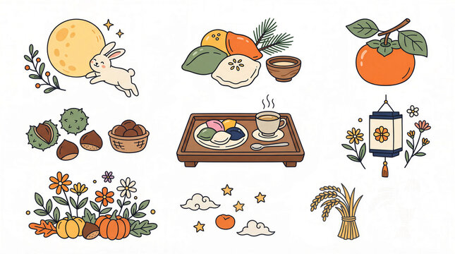 Chuseok Mid Autumn Festival Illustration Set Korea Traditional Holiday Icons Moon Rabbit Songpyeon Persimmon Chestnut Pumpkins Lantern Rice Sheaves Flat Design Elements Collection Autumn Harvest, 추석