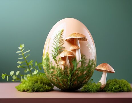 a beautifully decorated egg showcasing tiny mushrooms and greenery on a pastel backdrop