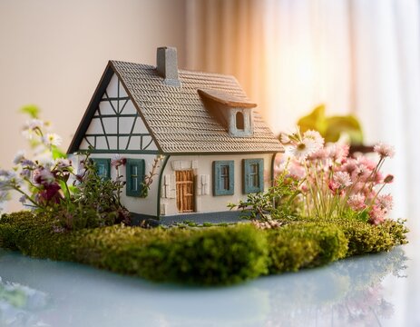 a miniature house with a garden and flowers