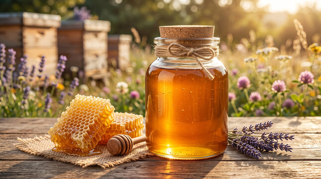 Golden honey in a glass jar with honeycomb and lavender blossoms