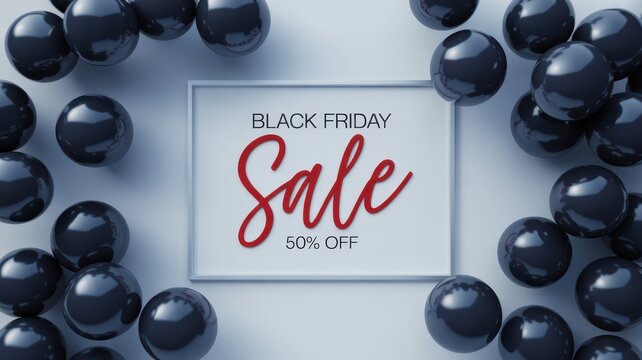 Black Friday Black Friday sale sign with fifty percent off text surrounded by floating black balloons for retail marketing promotion