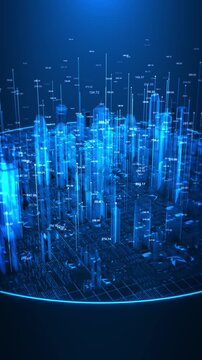Futuristic blue smart city covered numerical metrics glowing business intelligence, financial analysis, AI analytics, urban monitoring, prediction, digital transformation and data driven 19.
