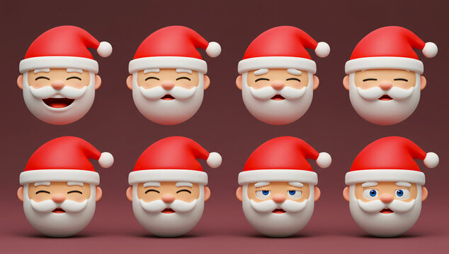 3D Cartoon Gradient Santa Claus Facial Expressions Set