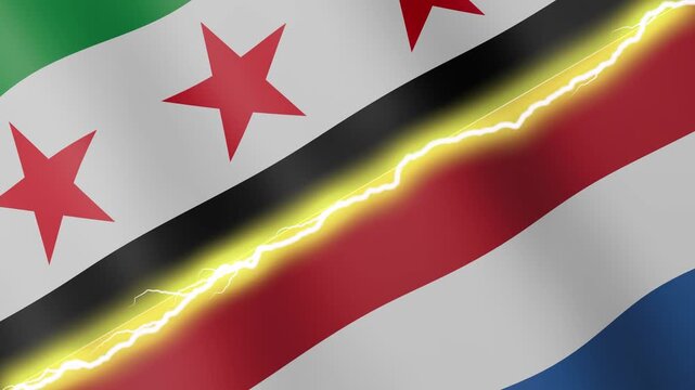 Two waving flags Syria and Netherlands with diagonal lightning seamless, 4k loop