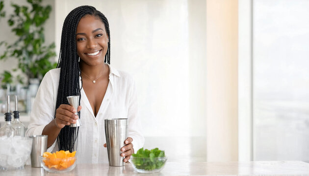 A smiling Black woman mixes a cocktail at a home bar using a shaker and jigger. The bright interior has ingredients and space for text, conveying hospitality and lifestyle.