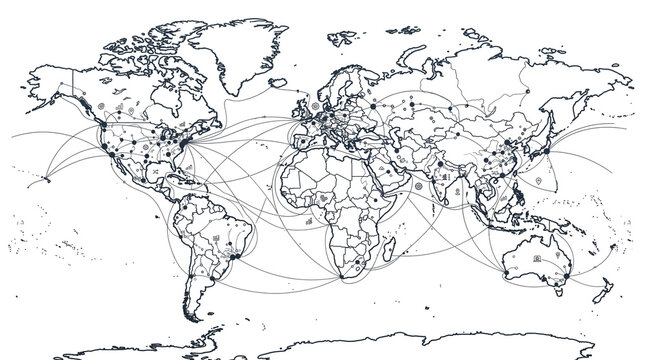 World map outline with global connection lines. Minimalist earth map showing international trade routes and logistics networks.