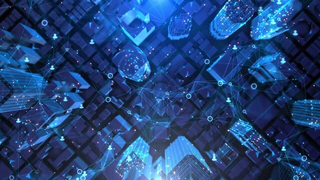 Futuristic city skyscrapers, digital users, wireless network links across an intelligent urban environment. Strong IoT ecosystems, telecom, location services, connected devices smart city platforms.