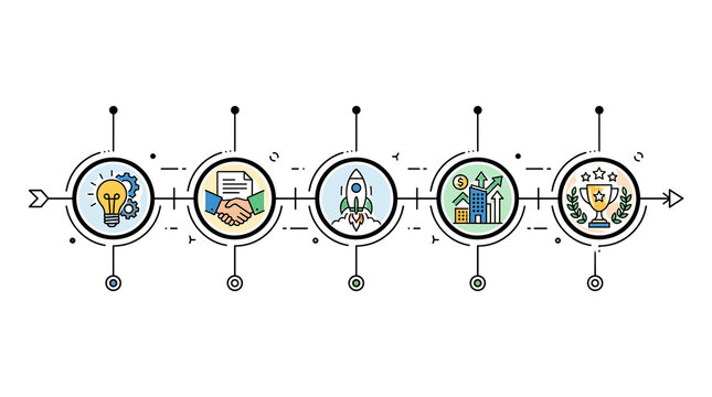 Business process infographic with 5 steps, startup development timeline icons, corporate strategy workflow diagram on white background