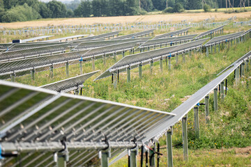 Fototapeta premium Ground mounted solar tracking panel rows generating clean power, representing green energy transition and asset