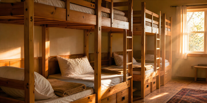 Rustic wooden bunk beds arranged in shared dormitory room golden hour natural sunlight streaming through window vintage style accommodation housing hostel setup.