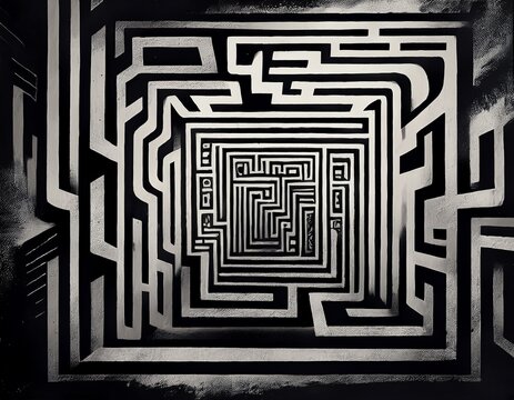 black and white grunge geometric tribal labyrinth surreal style