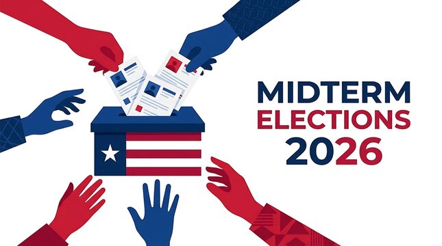 Diverse hands casting ballots into a patriotic ballot box for the midterm elections in flat vector illustration