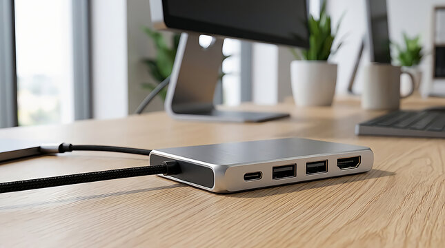 Modern silver usb c hub adapter connected to a laptop on an office desk