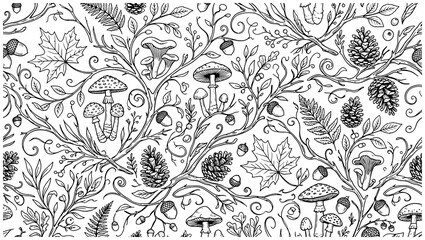 Fototapeta premium Hand drawn forest pattern with mushrooms acorns and pine cones in black and white