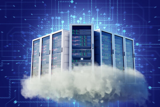 Database management, cloud backup. Remote servers create databases and store backup copies in cloud infrastructure for secure data protection. 3D image