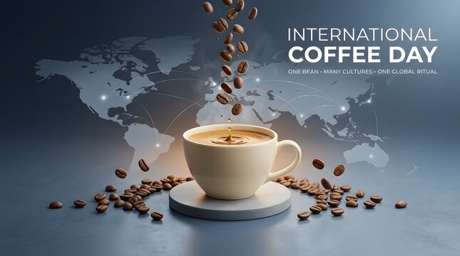 Coffee cup with beans and world map background promotional composition