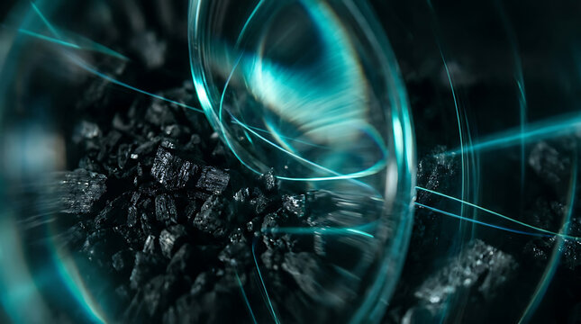 Abstract futuristic technology concept with glowing cyan neon light rings over dark charcoal texture