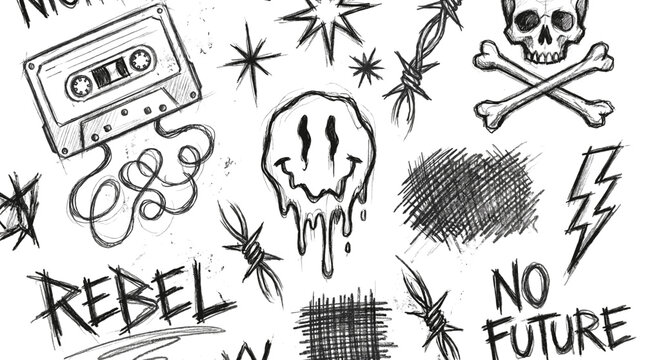 Chalk scribble doodle elements set for poster, social media. Crayon handwritten doodles. Rough hand drawn marker sketch with brush grunge texture. Vector illustration of kids or teens pencil drawing.