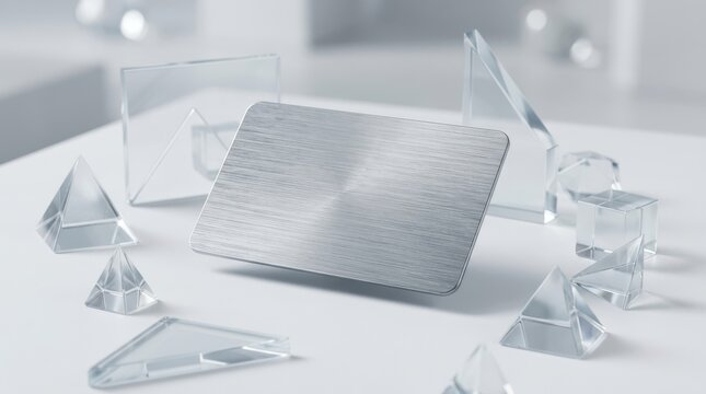 Brushed metal card blank plate surrounded by clear glass geometric shapes