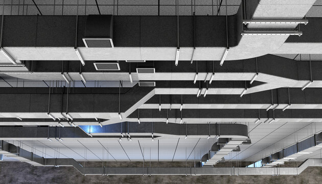 HVAC engineering. Industrial ventilation ducts and air conditioning systems are installed under the ceiling for climate control and air distribution.