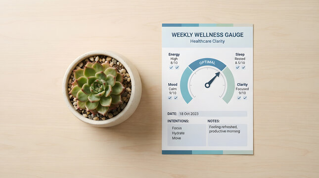 weekly wellness tracker gauge | mental health habit journal | minimalist desk self care planning | health and productivity tracking sheet