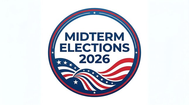Midterm elections 2026 circular badge with patriotic red white and blue wavy stripes and star graphics
