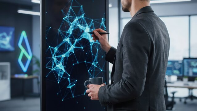 A businessman in a suit uses a stylus on a large vertical digital touchscreen display featuring a glowing blue network of connected nodes
