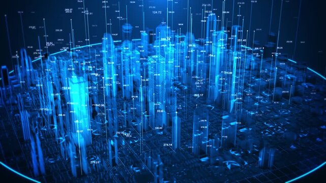 Digital city floating numerical values, analytical luminous skyscrapers. AI financial 19, business strategy, urban analytics, investment, economic forecasting intelligent decision systems.