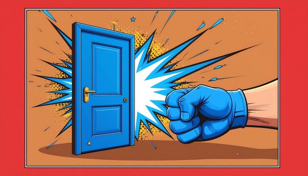 Knock knock joke comedy humor cartoon comic style on blue door