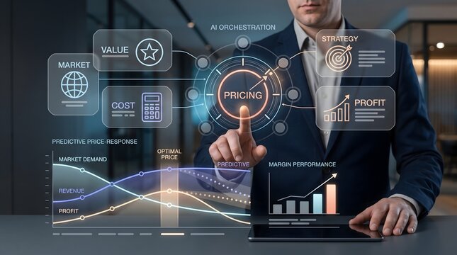 AI driven dynamic pricing strategy and revenue optimization dashboard concept with an executive analyzing predictive market response and profit margins