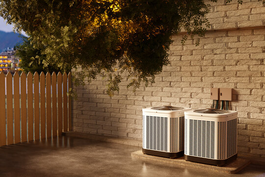 Residential HVAC. Outdoor air conditioning units are installed beside a house to provide cooling, heating and indoor climate control.