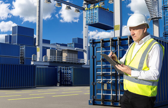 Container terminal operations. Logistics manager records cargo data while shipping containers are moved and stored by automated handling equipment.