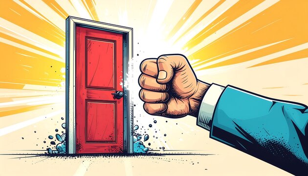 Comic style cartoon of a fist knocking on a door for knock knock joke