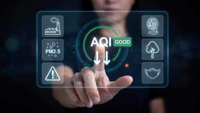 A person touching a digital holographic screen displaying air index information with for pollution, trees, fans, and face masks
