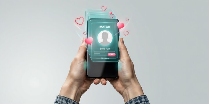 A vibrant 3D rendering of hands holding a smartphone displaying a futuristic dating app match interface with glowing pink heart icons for modern online romance concepts.