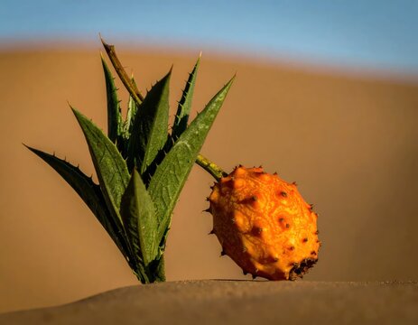 Horned melon and desert plant on sand.