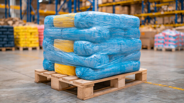 Pallet with blue and yellow bags wrapped in clear plastic film in warehouse setting.
