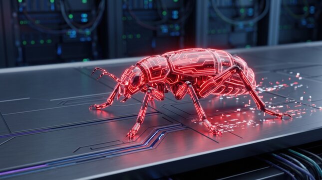 A glowing red digital insect resembling a bug, composed of circuit patterns, sits on a futuristic electronic motherboard.