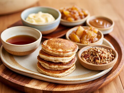 Styled mini pancake brunch spread featuring stacked pancakes with various toppings including syrup, fruit compote, and whipped cream on a wooden serving platter