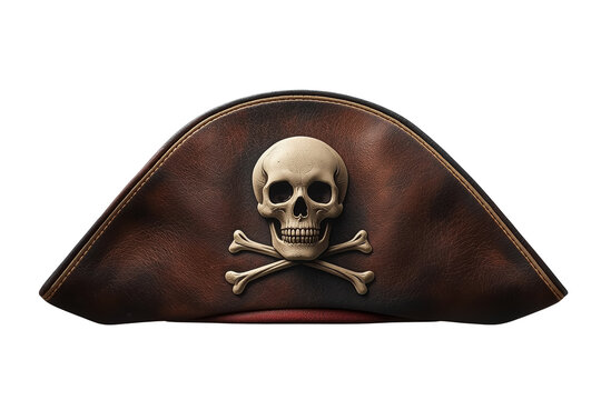 Dark brown tricorn hat with skull and crossbones decoration
