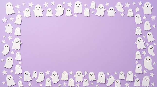 Cute white ghost illustrations and stars frame a purple background, perfect for Halloween or spooky-themed designs.