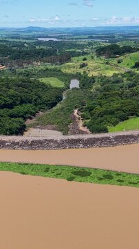 Euclides Da Cunha Hydroelectric In Sao Jose Do Rio Pardo Sao Paulo Brazil. Drone Capturing The Hydroelectric Producing Clean Energy. Outdoor River. Cascade Waterfall. Sao Jose do Rio Pardo Sao Paulo.