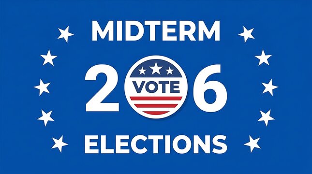 Midterm elections graphic with blue background white text stars and circular badge for political voting awareness