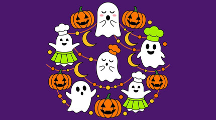 Naklejka premium Cute Halloween Ghost and Pumpkin Wreath Illustration on Purple Background