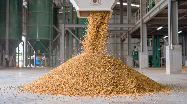 Golden grain pouring from conveyor belt into a large pile inside an agricultural grain processing facility
