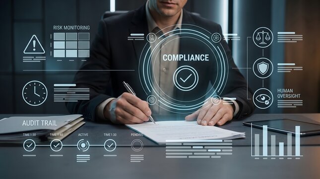 Corporate regulatory compliance and risk management showing an executive signing legal documents with a digital audit trail and governance interface