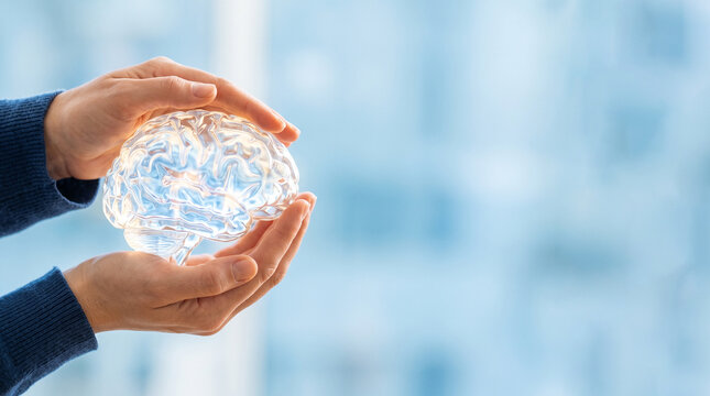Mental health concept, hands holding clear glass brain model, psychology and neurology care