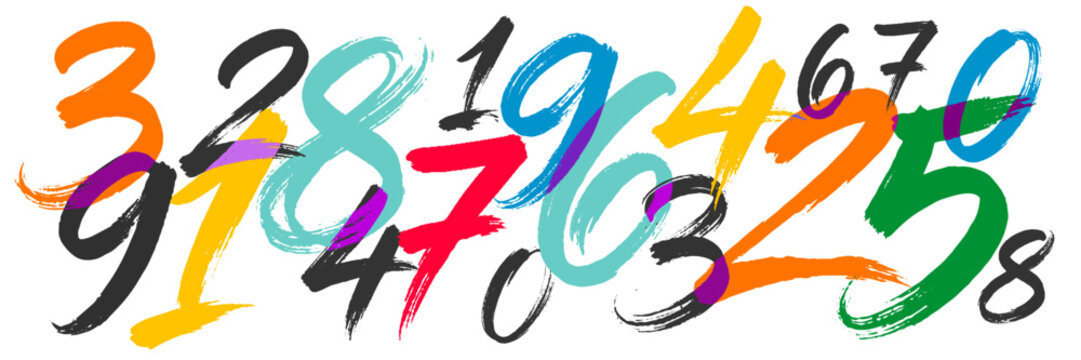Brush numbers lettering collection. Abstract background of colorful hand drawn brush numbers, vector header with overlapping painted digits isolated on transparent background