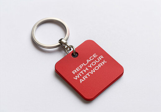 Square keychain mockup with silver metal ring on white surface, realistic product presentation for branding and graphic design, template artwork placement