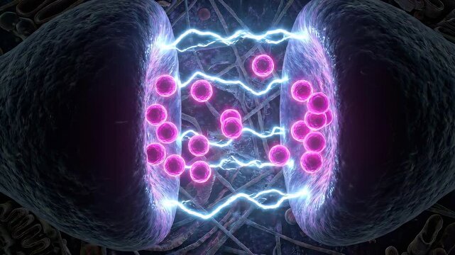 Neon Pink Neurotransmitter Vesicles Crossing Synaptic Gap - Chemical Brain Communication